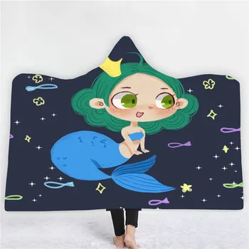 

Cartoon Girls Hooded Blanket Mermaid Throw Blanket 3D Print Home Fleece Blanket Nap Office For Kids Adults Wearable Blanket