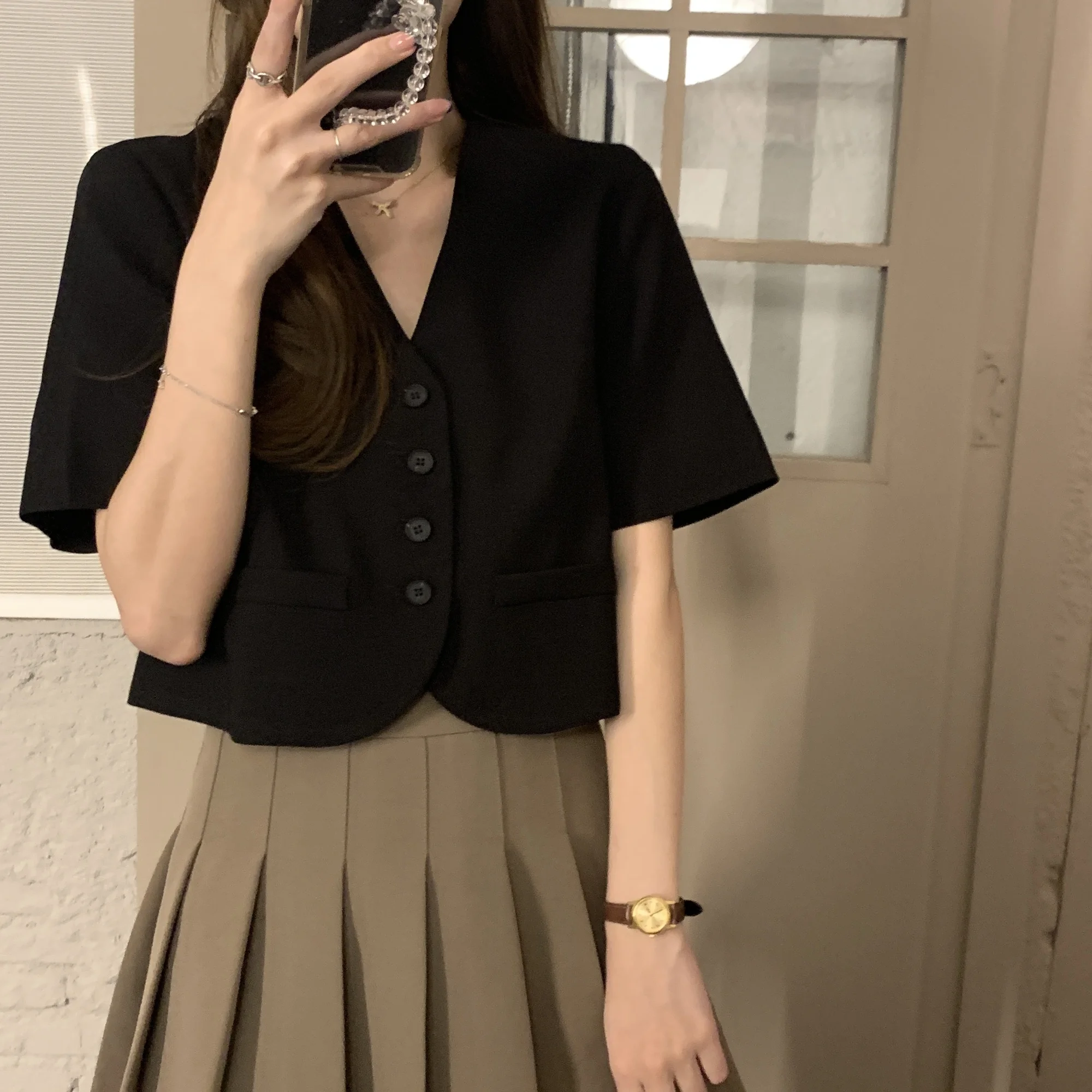 Black Suit Temperament Short Sleeve Coat Women's Korean Version Vertical Loose Chiffon Small Summer | Женская одежда