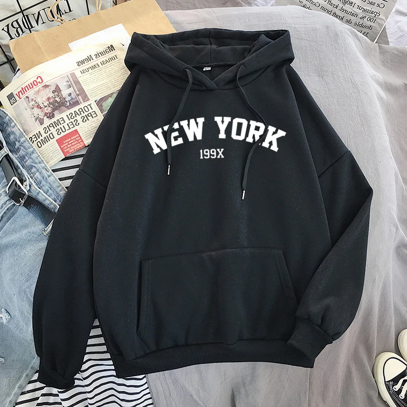 NEW Sweatshirts velvet winter Women's NEW YORK printing Hooded Female 2020 Cotton Thicken Warm Hoodies Lady Autumn Tops