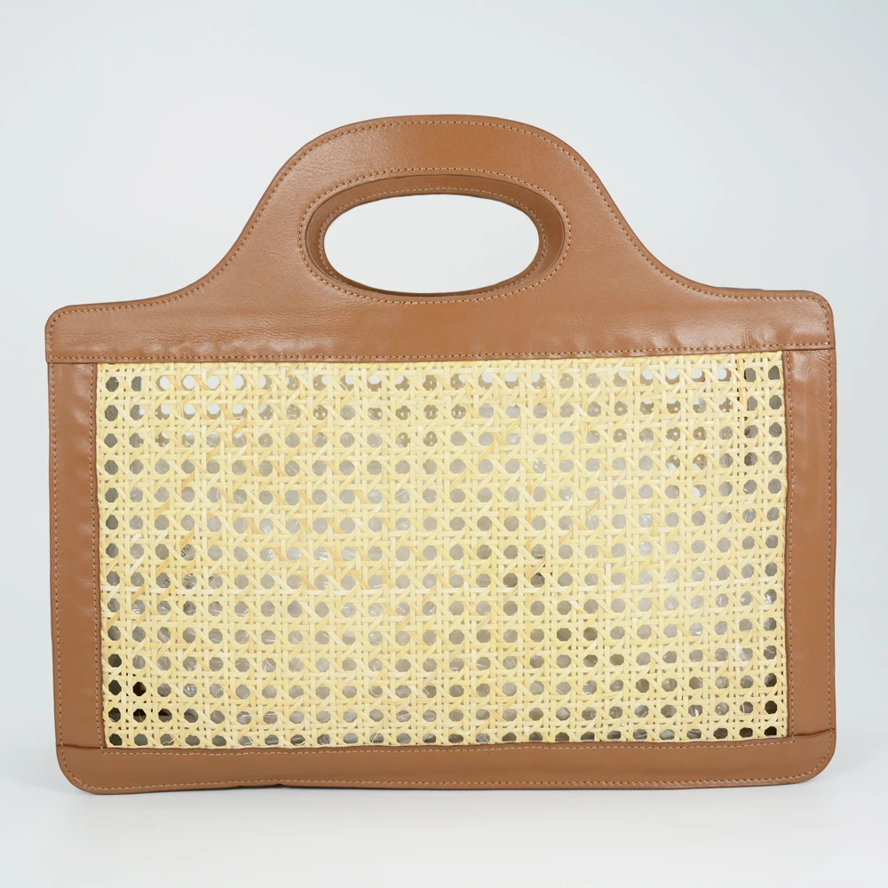 Sunday Morning Handmade Leather Trim Wicker Rattan Tote Bag |