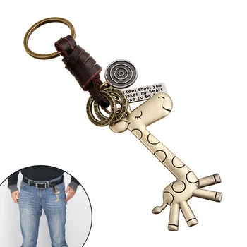 

Vintage Keys Ring Style Cute Giraffe Suspension Pendant Keychain Woven Leather Key Chain d88