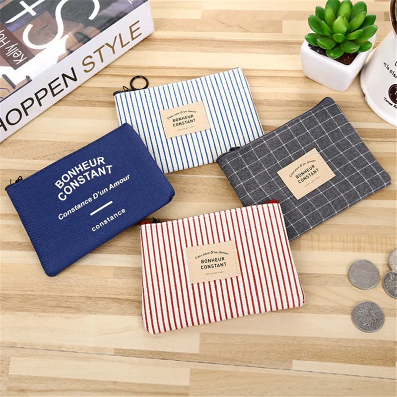 Coin Purse Coin Wallet Unisex Canvas Letter Women Stripe Coin Money Card Holder Zipper Key Storage Pouch For Kid Girl Gift