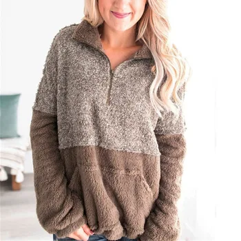 

Sweatershirt Women Tops Sweater Fleece Turn-down Collar Long Sleeve Zipper Casual Warm Winter Autumn Loose Tops