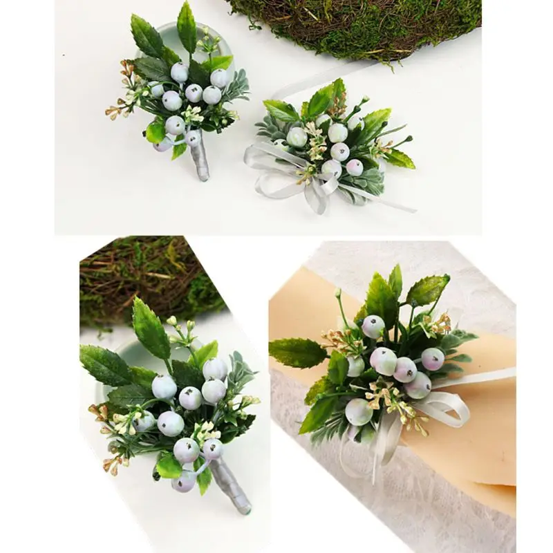 Handmade Realistic Berry Green Pants Boutonniere Corsage Wristlet for Men Women Groom Bride Wedding Prom Party Suit Decoration