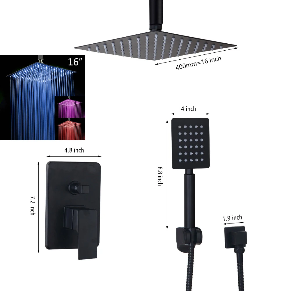 Monite черный набор душевых смесителей для ванной комнаты, черное потолочное крепление 8 12 16 светодиодный смеситель для душа W/смеситель для ручного душа - Цвет: led16inch shower A