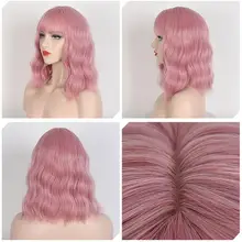 Qi Liuhai peluca sintética para mujer, Pelo Rizado corto, color rosa, para Cosplay, parte media, Natural, fibra resistente al calor