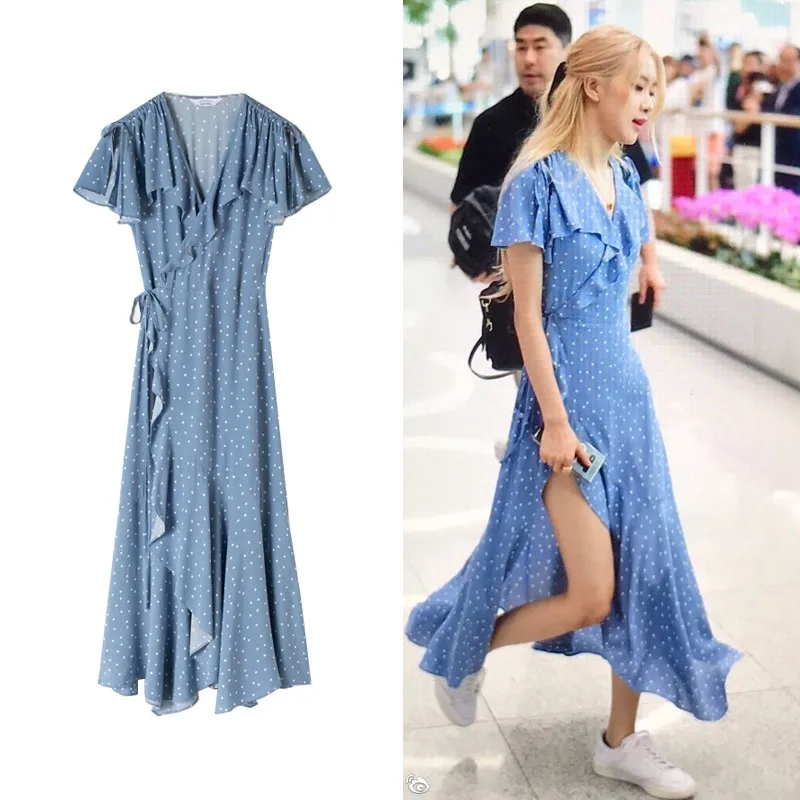 

kpop Blackpink ROSE same Blue wave point V-neck irregular ruffle dress summer 2019 korean streetwear sexy dresses women clothes
