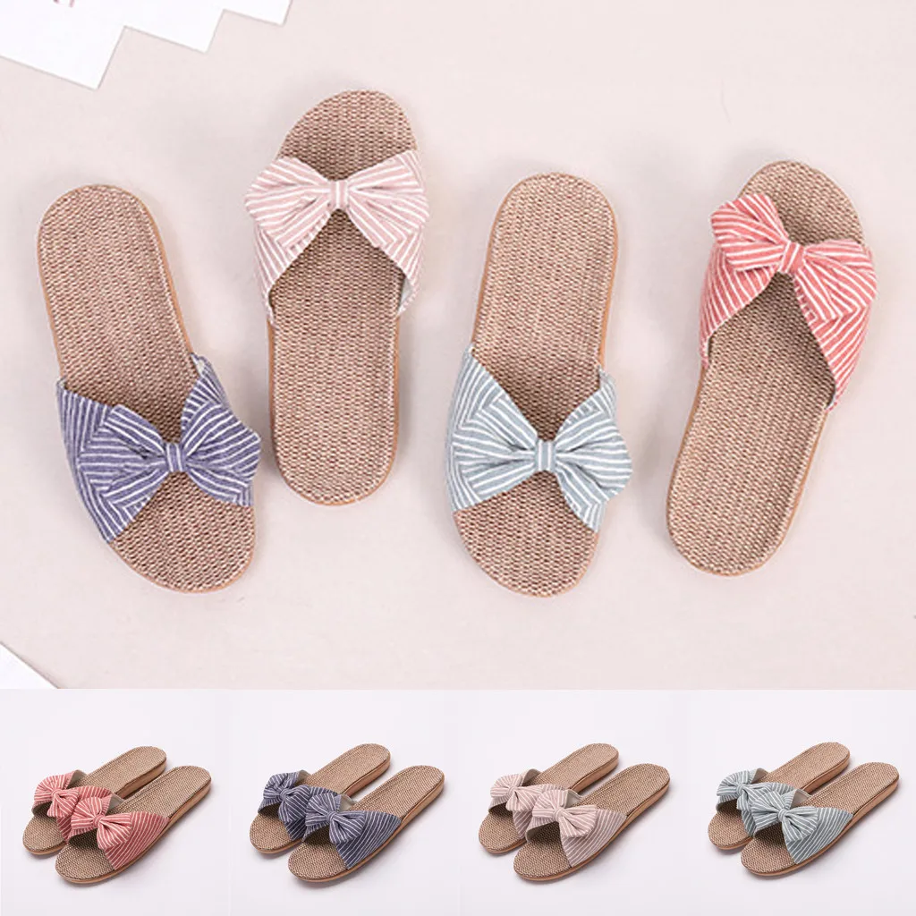 

Striped Bowknot Slippers Straw Women Shoes Female Bowknot Flat Sandals Flax Linen Flip Flops Beach Shoes Sandals Slippers