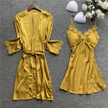 

Spring Summer Sexy Women 2 Pieces Satin Robe Gown Sets Sexy Silk Robe Sleeveless Female Sleepwear With Chest Pads Nightwear