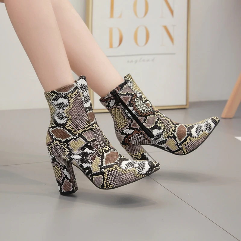 

High Heels Zipper Ankle Boots Woman Shoes Sexy Sanke Prints Pointed Toe Boot Ladies Winter Booties Casual Zapatos De Mujer