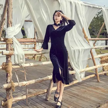 

XUXI 2020 Women Summer Dress Exquisite Golden Velvet Long Compact New European Party Leisure Long Sleeve New Dress FZ0849