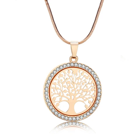 Round Hollow Tree of Life Pendant Necklace For Women Luxury Gold Color White Crystal Necklace Women Wedding Jewelry