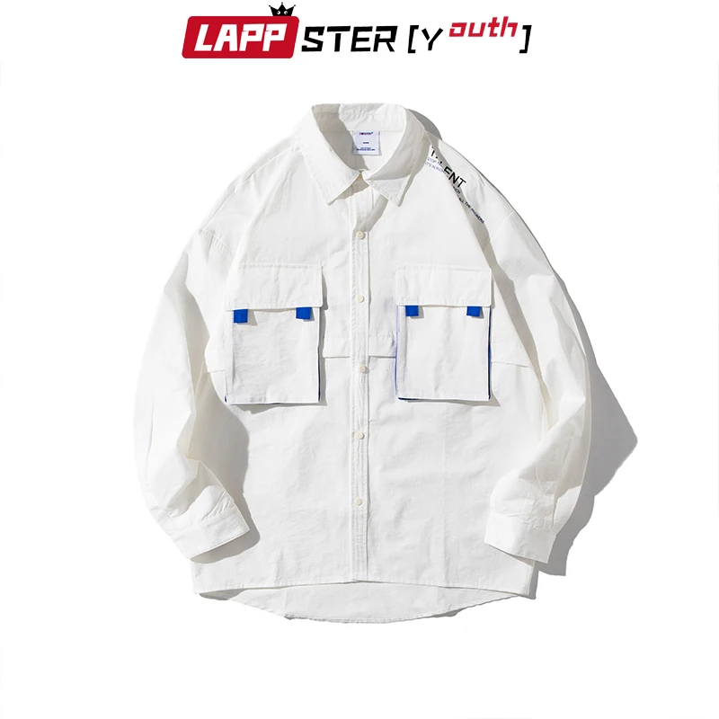 LAPPSTER Men Solid Korean Shirts 2020 Mens Pockets White Streetwear Long Sleeve Male Dress Regular Fit Clothing | Мужская одежда