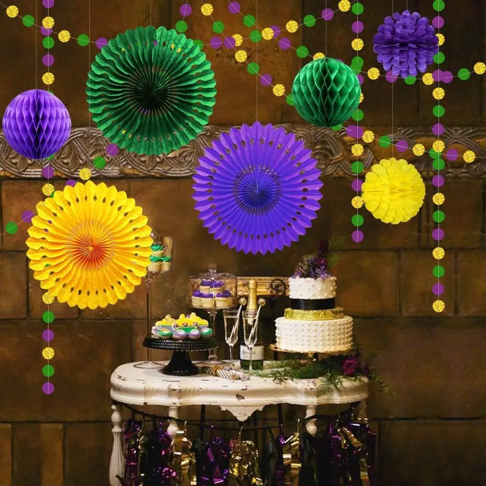 Вечерние украшения Mardi Gras золотые фиолетовые зеленые круглые в горошек гирлянды
