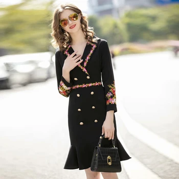 

Vintage Style Embroidery Flowers Long Sleeve Suit Collar Sexy Fishtail Black Dress Party Women'S New Spring And Summer