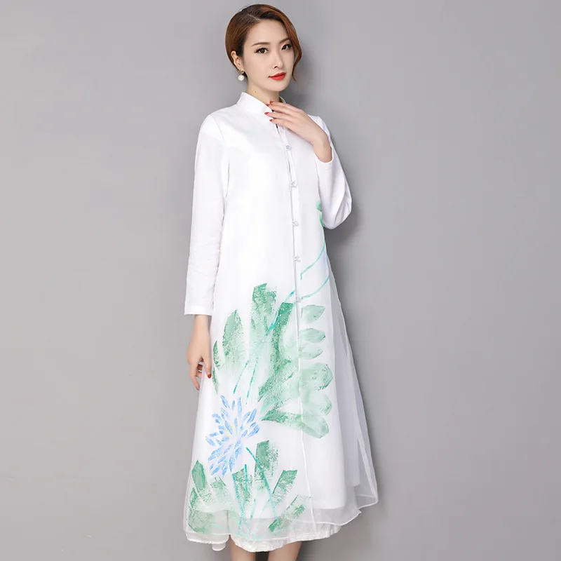 

2018 Spring And Summer Photo Shoot Retro Organza Cardigan Dress Chinese-style WOMEN'S Dress Cotton Linen Outdoor