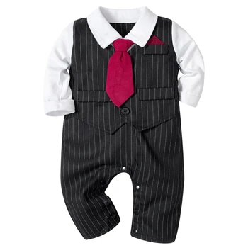 

Newborn Formal Rompers Infant Baby Boys Jumpsuit Long Sleeve Clothes Black Striped Wedding Dress One Piece Big Red Tie Fall
