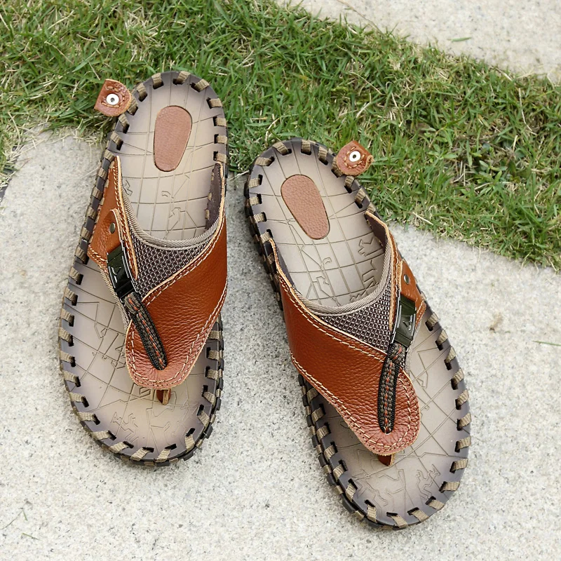 Летние кожаные сандалии Мужская Уличная удобная обувь для пляжа Модные Мужские дышащие резиновые сандалии Hombre Большие размеры - Цвет: 305Brown