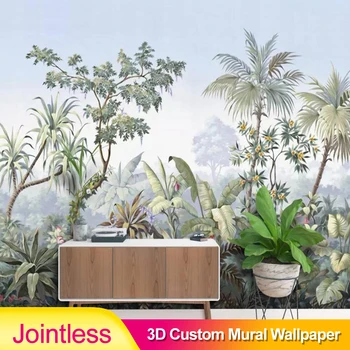 

Jointless Custom 3D wallpaper European retro hand drawn garden trees rainforest banana coconut tree wall paper TV background