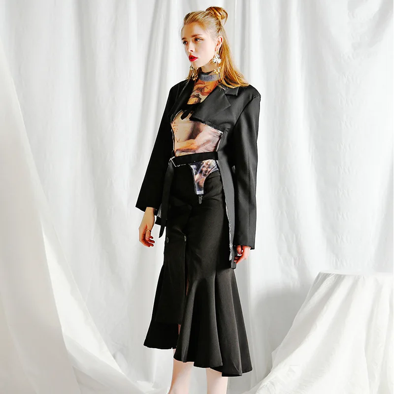 

Suit Women's 2018 Autumn New Style Front Short Long Back Tops Unique Irregular Designer Mid-length Long-sleeved Coat