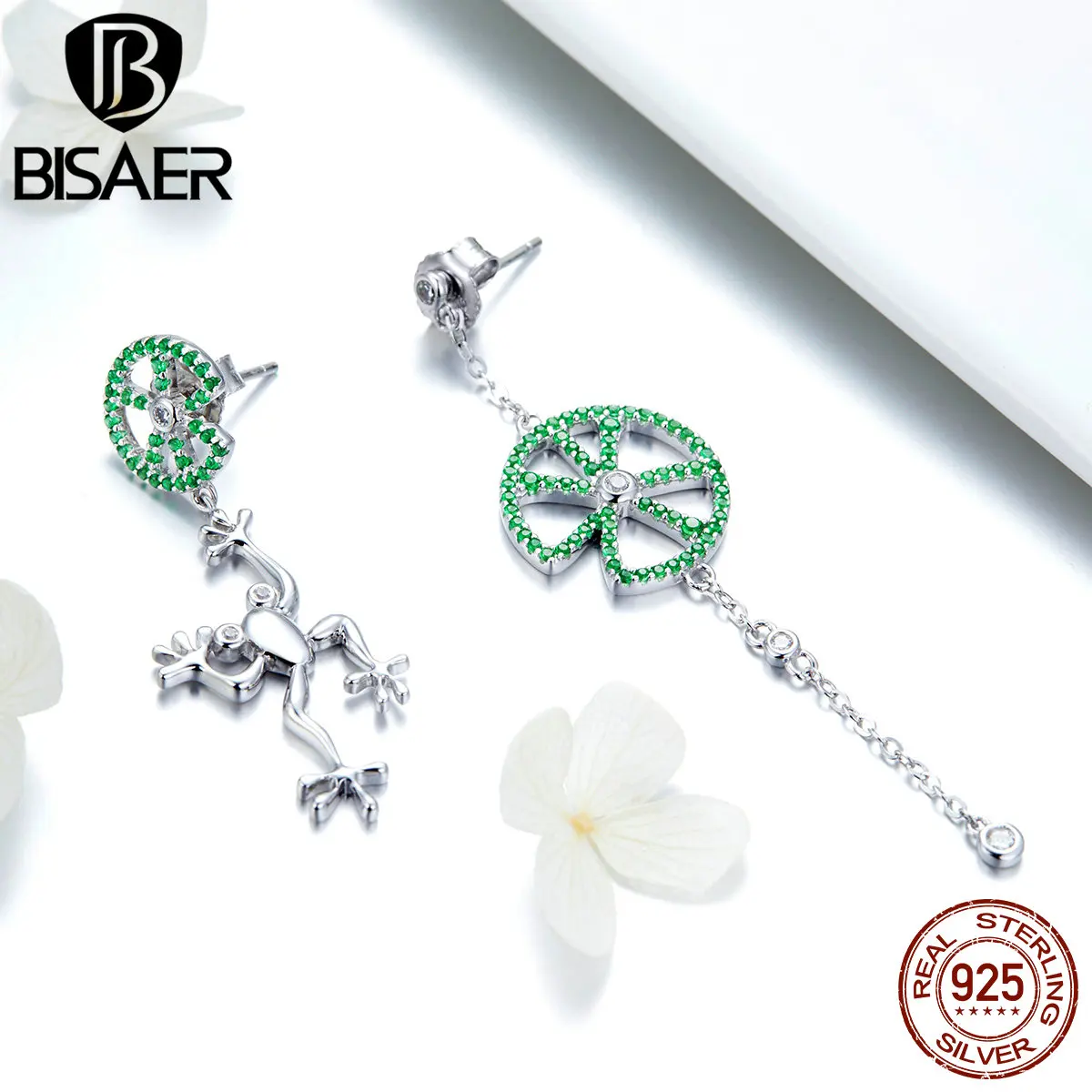 Серьги из серебра 925 пробы с листьями лотоса и лягушкой|Серьги-подвески| |