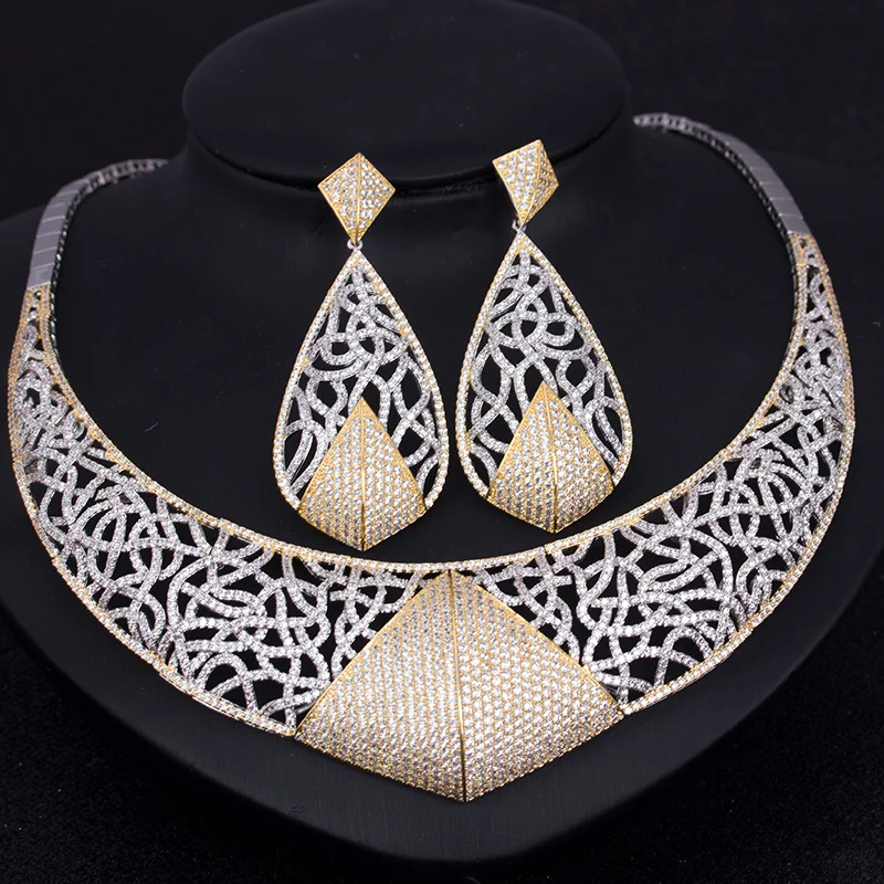 Dazz роскошный Дубай большой набор украшений 2 цвета выдалбливают женские свадебные CZ циркониевые ожерелья и серьги Нигерия Ювелирные наборы невесты