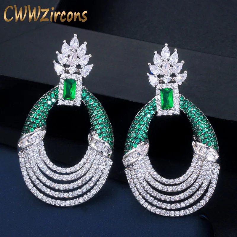 

CWWZircons Elegant Design Micro Pave Cubic Zirconia Stone Geometric Round Drop Green Earrings Women Wedding Brides Jewelry CZ722