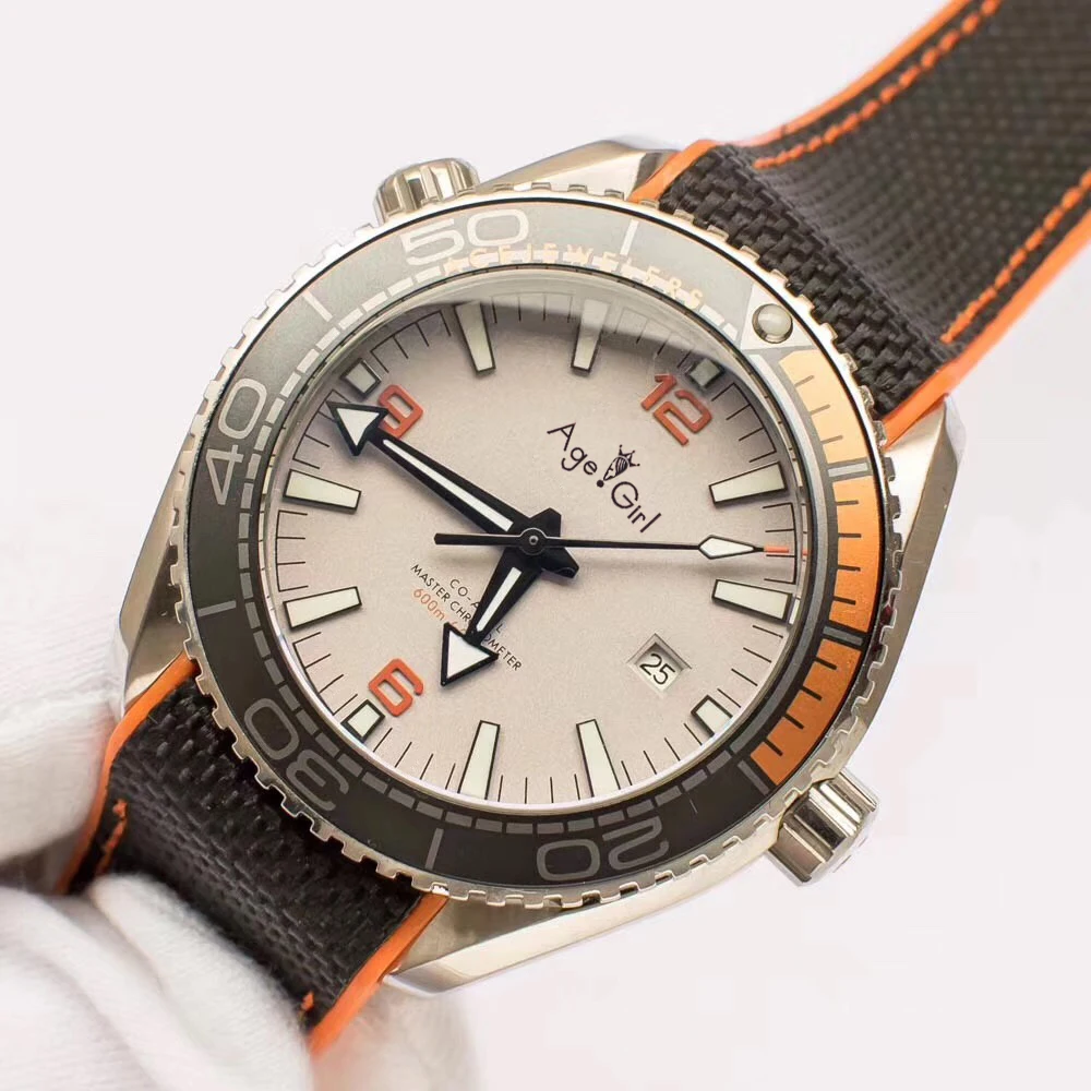 Роскошные брендовые Новые Мужские автоматические механические оранжевые черные мастер холщовые резиновые часы из нержавеющей стали James Bond 007 сапфировые часы AAA - Цвет: Leather White
