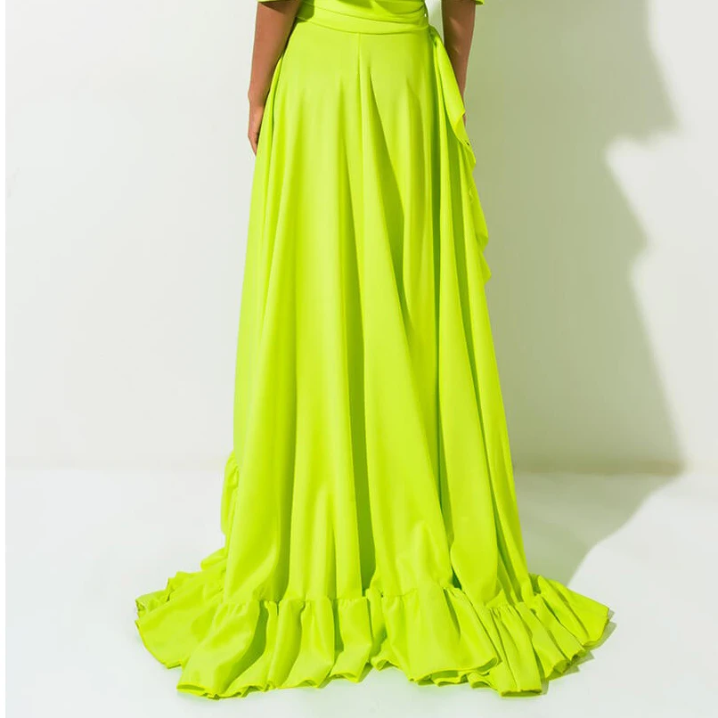 Chic Neon Green Chiffon High Low Long Women Skirts To Party Sash Fashion Tiered Summer Maxi Skirts Ruffles