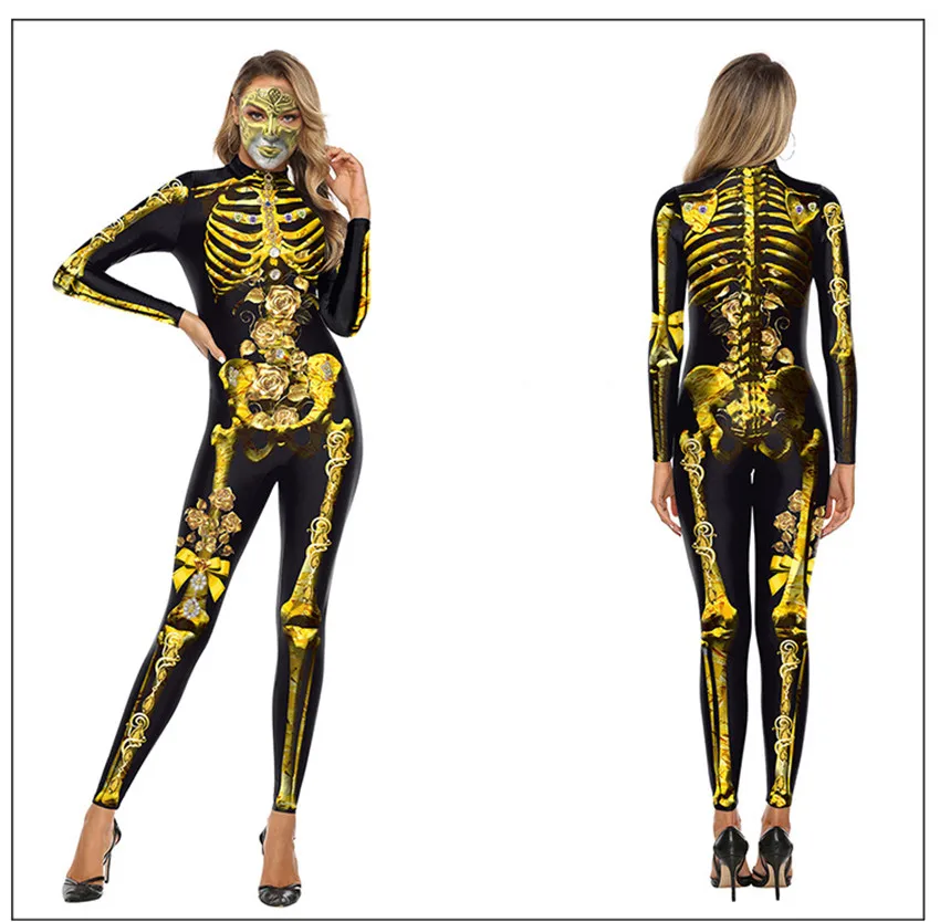 Halloween Cosplay Costumes Woman Skeleton 3D Printed Scary Jumpsuit Skull Floral Horror Bodycon Zentai Full Sleeve Stage Wear