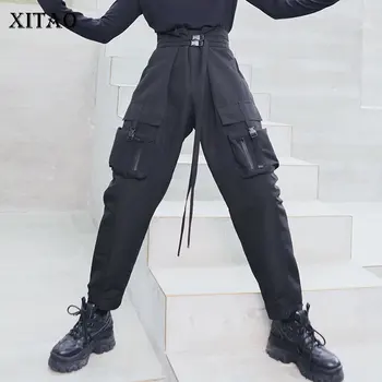 

XITAO Bandage Pleated Ankle Length Pants Women Fashion New 2019 Autumn Pocket High Waist Minority Loose Cargo Pants GCC2332