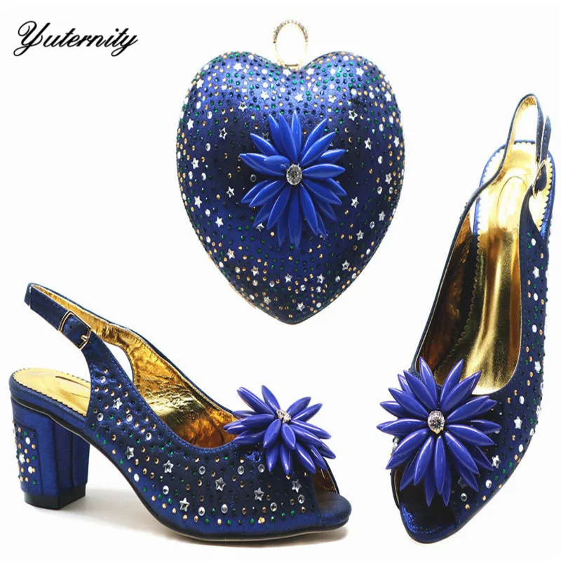 

Hot selling Summer Shinning Stone Ladies Shoes And Bag Set African Style Middle Heels Shoes And Bag Set For Party Size 38-42