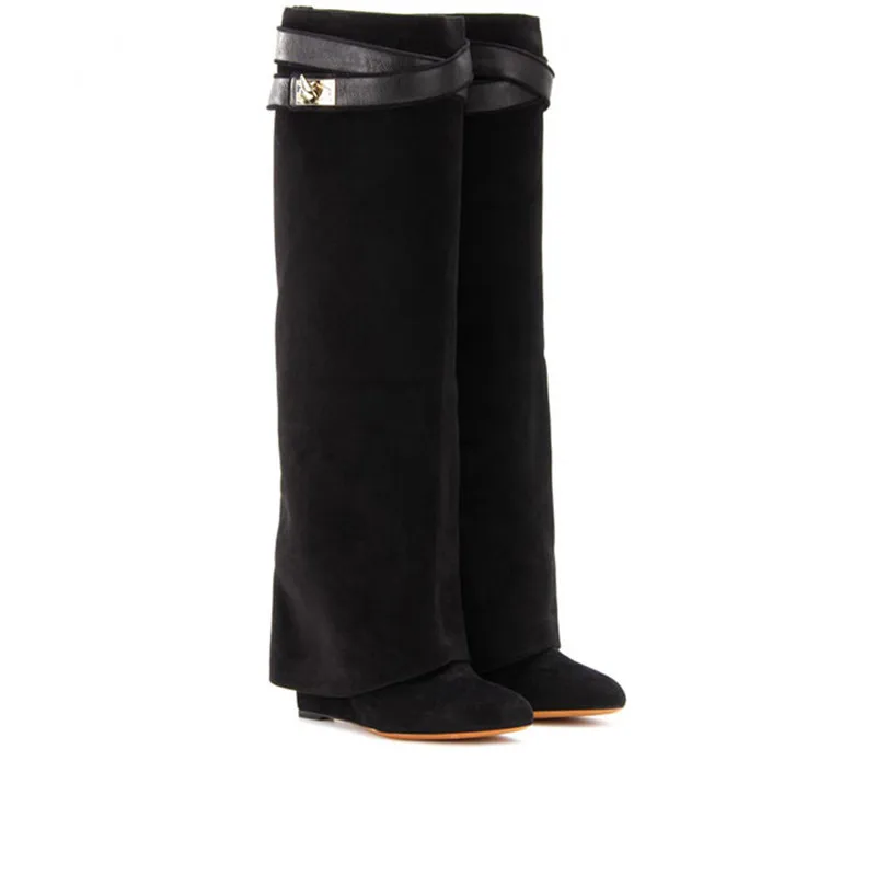 COCOAFOAL женские сапоги до колена; сезон осень-зима; женские сапоги из натуральной кожи на танкетке; модные сапоги до колена из искусственной замши - Цвет: Black Matte leather