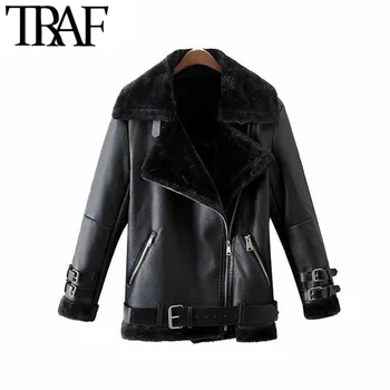 

TRAF Women Vintage Stylish Thick Warm Fur Faux Leather Jacket Coat Fashion Long Sleeve With Belt Female Outerwear Chic Tops