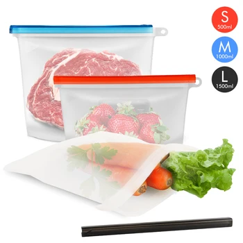 

6pcs/set Silicone Food Storage Bags With Ziplock Seal Clip Reusable Leakproof Food Storage Containers 500 1000 1500ml