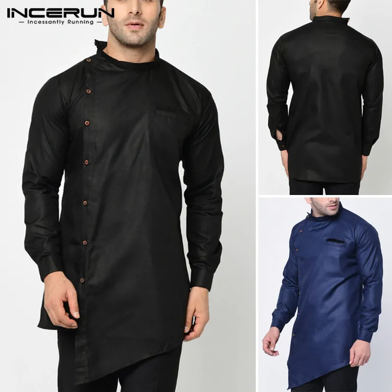 

INCERUN Men Long Shirts Man Irregular Kaftan Dress Shirt Casual Solid Color Kurta Blouse Fit Stand Collar Button Muslim Camisa