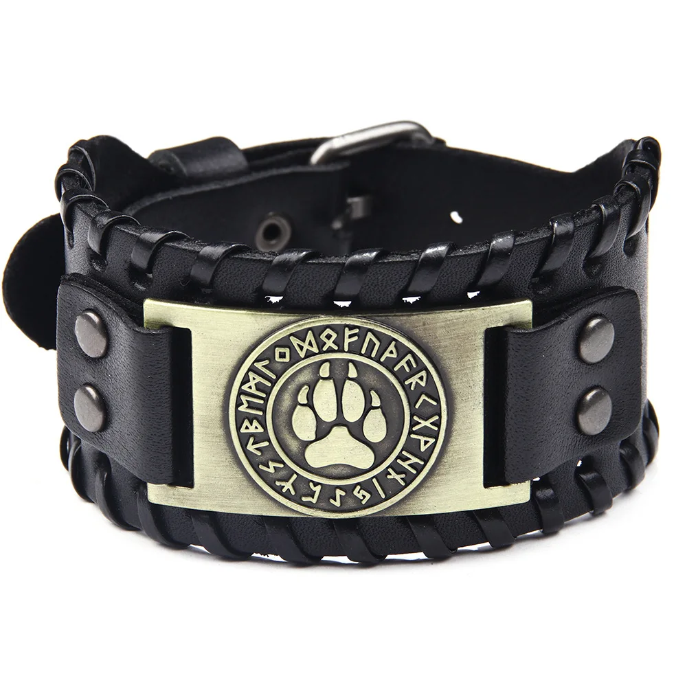 Nordic Viking Rune Bear Paw Pattern Bracelet Men's Metal Leather Woven Jewelry Animal Accessories Party Gift bangle bracelet,leather bracelets,leather bracelet,woven bracelets
