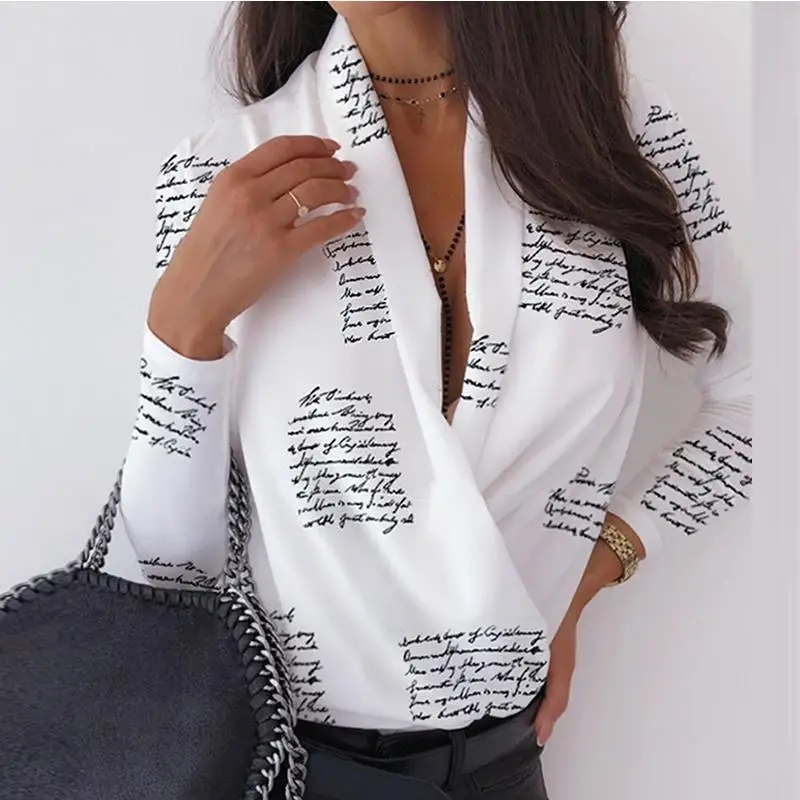 

Sexy Deep V-Neck Blouse Print Elegant Office Ladies Pullover Shirt Casual Women Autumn Winter Long Sleeve Tops Blusas Streetwear