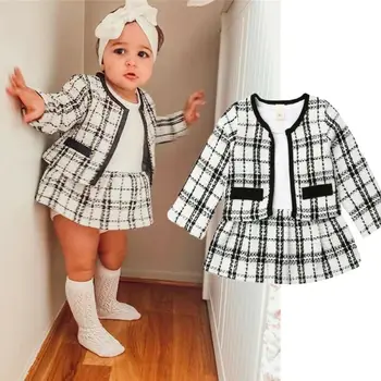 

Emmababy Baby Birthday Kids Girl Clothes Outfit Plaid Coat Tops+Dress 2Pcs Party Warm Set