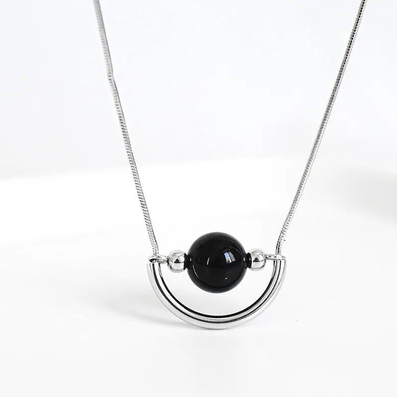 

S925 Fine Silver Black Onyx Necklace Korean-style INS Geometry Simple-Style Cool Women's Cartilage Choker Fashion Parts
