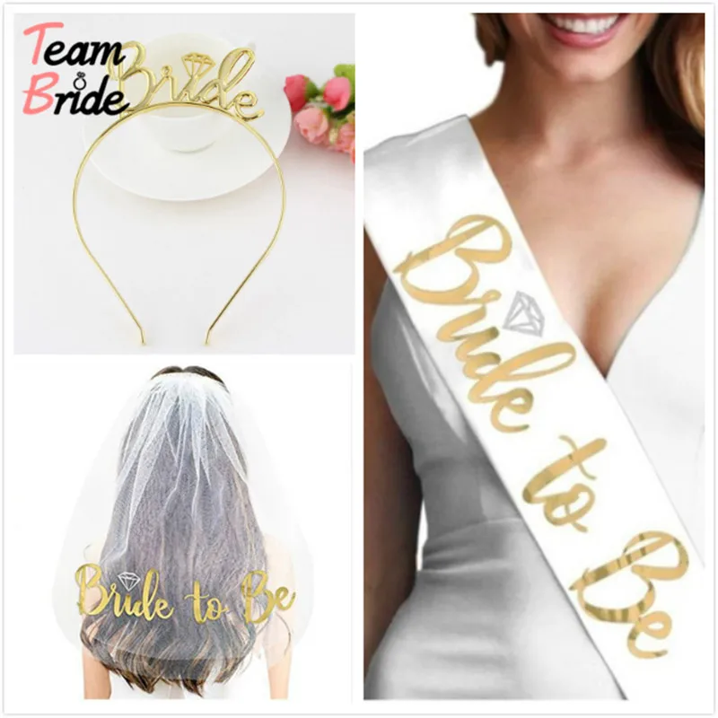 

Team Bride 3pcs/lot Wedding Decorations Bridal Shower Wedding Veil Bride To Be Satin Sash Bridal Veils Girl Hen Party Decoration