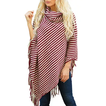 

2019 new autumn shawl pullovers turtleneck knit sweater women stripe tassel ponchos and capes sweaters