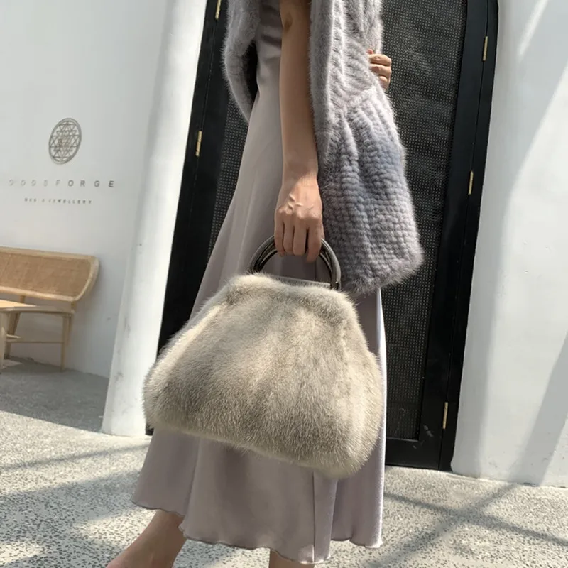 100%Mink Fur Bag Tote Bag Handbag Brand Party Bag Ladies Handbag Luxury  Designer Evening Bag Mink Leather