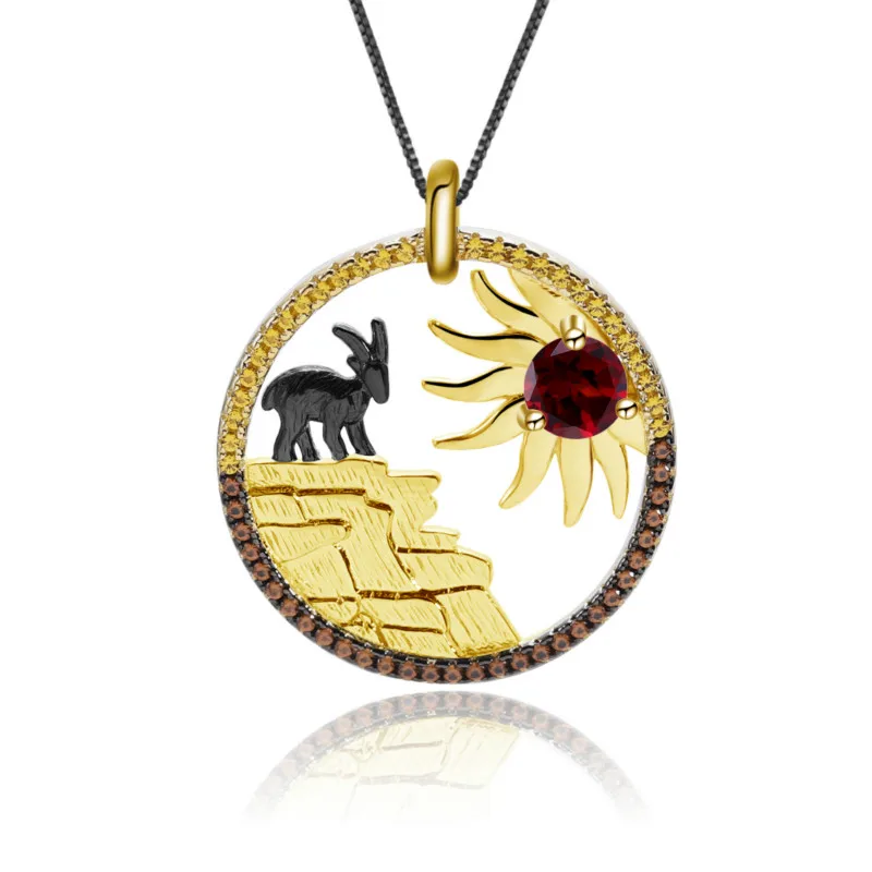 

GEM'S BALLET 925 sterling Silver Lovely Sunflower Goat Pendant Natural Garnet Handcrafted Necklace For Women Fine Jewelry