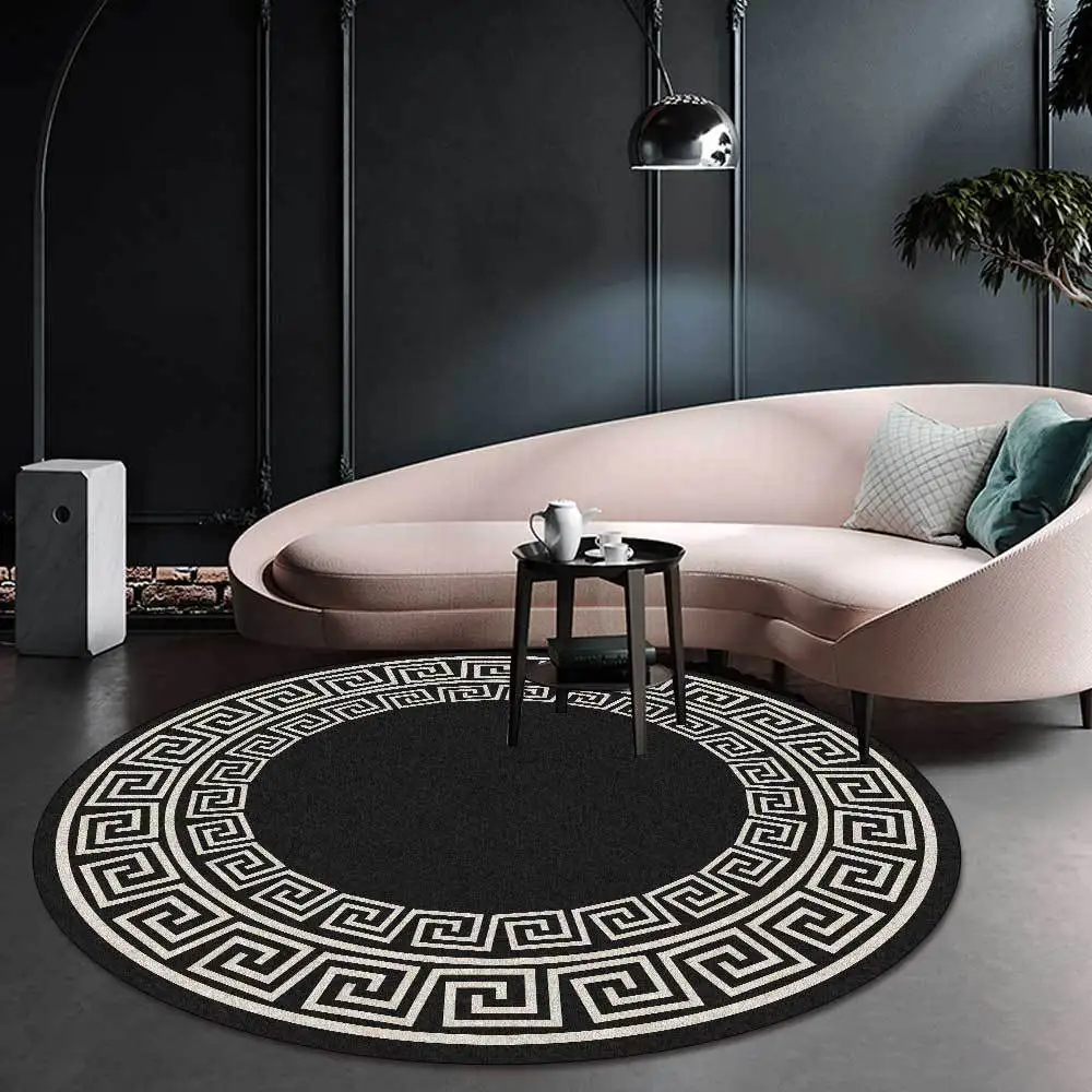 

European style simple pattern retro Chinese geometric black and white round living room bedroom non-slip mat carpet set