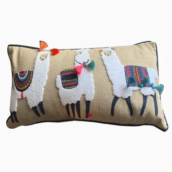 

Cute Alpaca Cushion Cover Beige Embroidery Pillow Case With Tassels For Sofa Couch Bed Rectangle Home Decorative 30x60cm