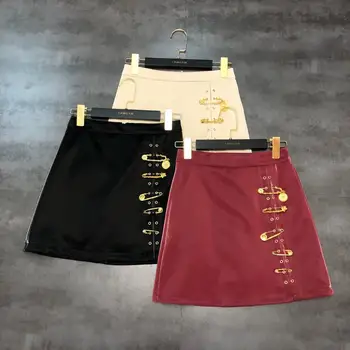 

New Spring Fall Metal Pin Button A-line Skirt Women's High Waist Pu Leather Short Skirts