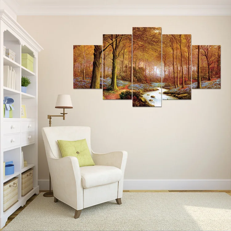 

Wish Hot Sales Frameless Painting Five Spell Scenery Canvas Hanging Painting 5-frame Painting Combination Home Decoration Wall M