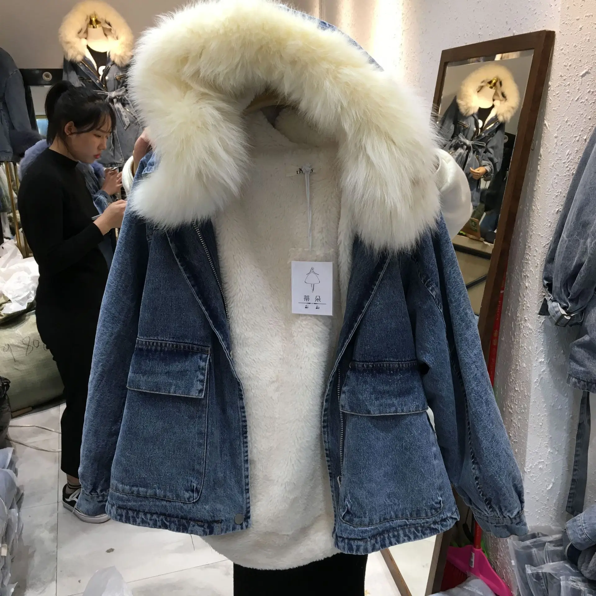 

2018 Winter New Style Korean-style Hooded Large Fur Collar Loose-Fit Thick Long-sleeve Zipper Cowboy Cotton Coat WOMEN'S Coat