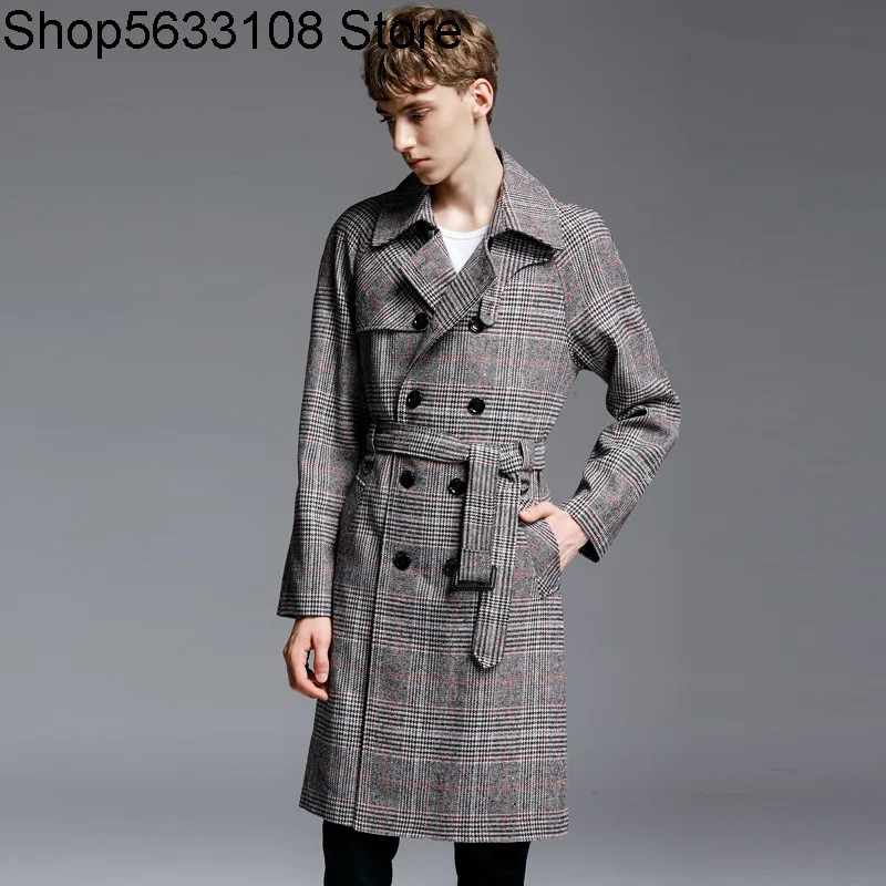 

Long Money Grid Windbreaker Male Autumn Check Pattern Coat Big Code 11101
